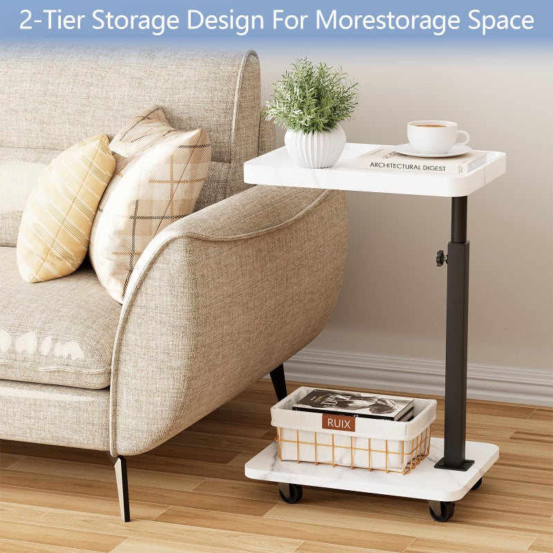 Katrawu Adjustable Tv Trays for Eating on Couch That Slide Under,360Â° Swivel C Shaped End Sofa Side Snack Table with Wheels for Living Room and Bedroom, Bed,Chair, (White Marble+Black) - Image 5