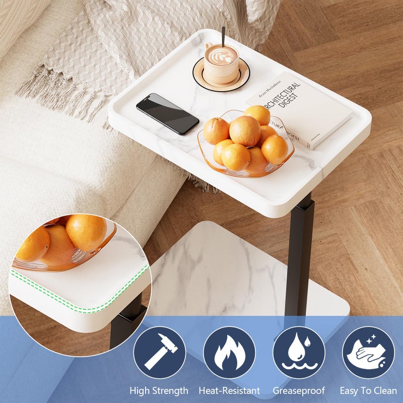 Katrawu Adjustable Tv Trays for Eating on Couch That Slide Under,360Â° Swivel C Shaped End Sofa Side Snack Table with Wheels for Living Room and Bedroom, Bed,Chair, (White Marble+Black) - Image 4