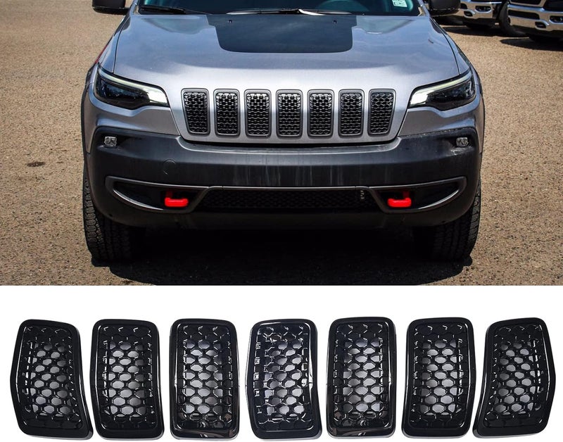 KYYET 7PCS Gloss Black Front Mesh Grille Grill Trim Honeycomb Insert Cover for Jeep Cherokee 2019-2021 - Image 1