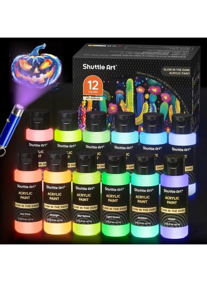 شاتل أرت طلاء متوهج في الظلام، 12 لونًا مع ضوء الأشعة فوق البنفسجية، زجاجات 2 أونصة/60 مل، مثالية للرسم الفني والحرف اليدوية، رائعة للفنانين والمبتدئين على الصخور والخشب والقماش والنسيج وديكورات الهالوين - Image 1