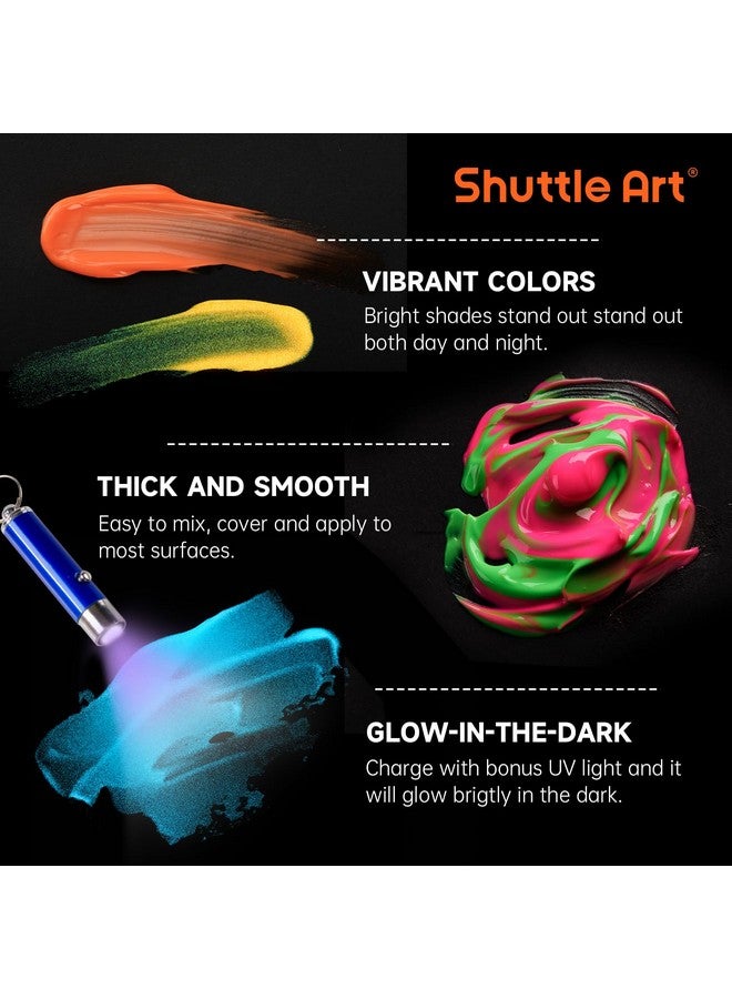 شاتل أرت طلاء متوهج في الظلام، 12 لونًا مع ضوء الأشعة فوق البنفسجية، زجاجات 2 أونصة/60 مل، مثالية للرسم الفني والحرف اليدوية، رائعة للفنانين والمبتدئين على الصخور والخشب والقماش والنسيج وديكورات الهالوين - Image 3