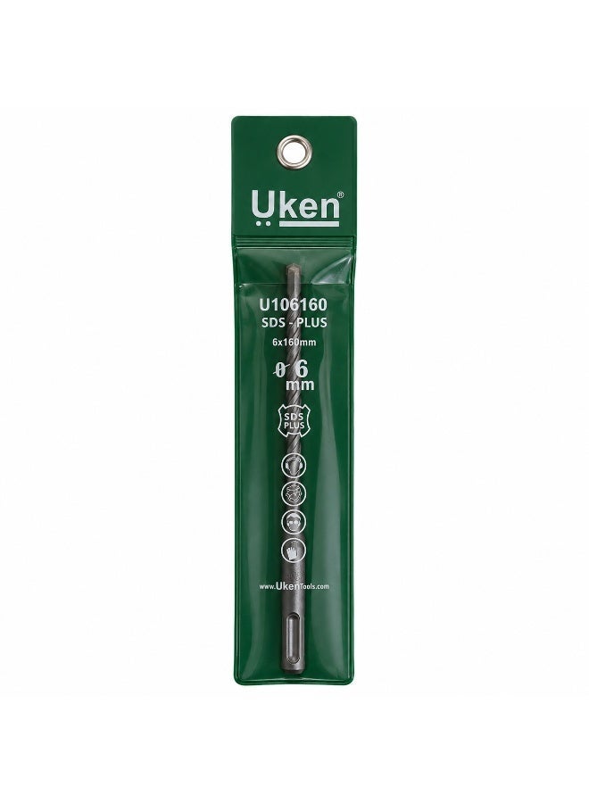 Uken SDS Plus Hammer Drill Bit 6mm x 160mm, Carbide Tip Masonry Drill Bit for Concrete Brick Stone Wall Drilling, Rotary Hammer Drill Accessory - Image 1