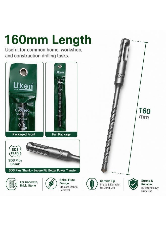 Uken SDS Plus Hammer Drill Bit 6mm x 160mm, Carbide Tip Masonry Drill Bit for Concrete Brick Stone Wall Drilling, Rotary Hammer Drill Accessory - Image 4