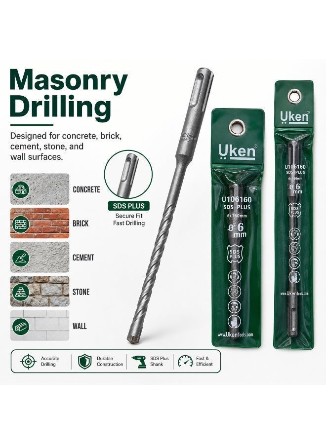 Uken SDS Plus Hammer Drill Bit 6mm x 160mm, Carbide Tip Masonry Drill Bit for Concrete Brick Stone Wall Drilling, Rotary Hammer Drill Accessory - Image 5