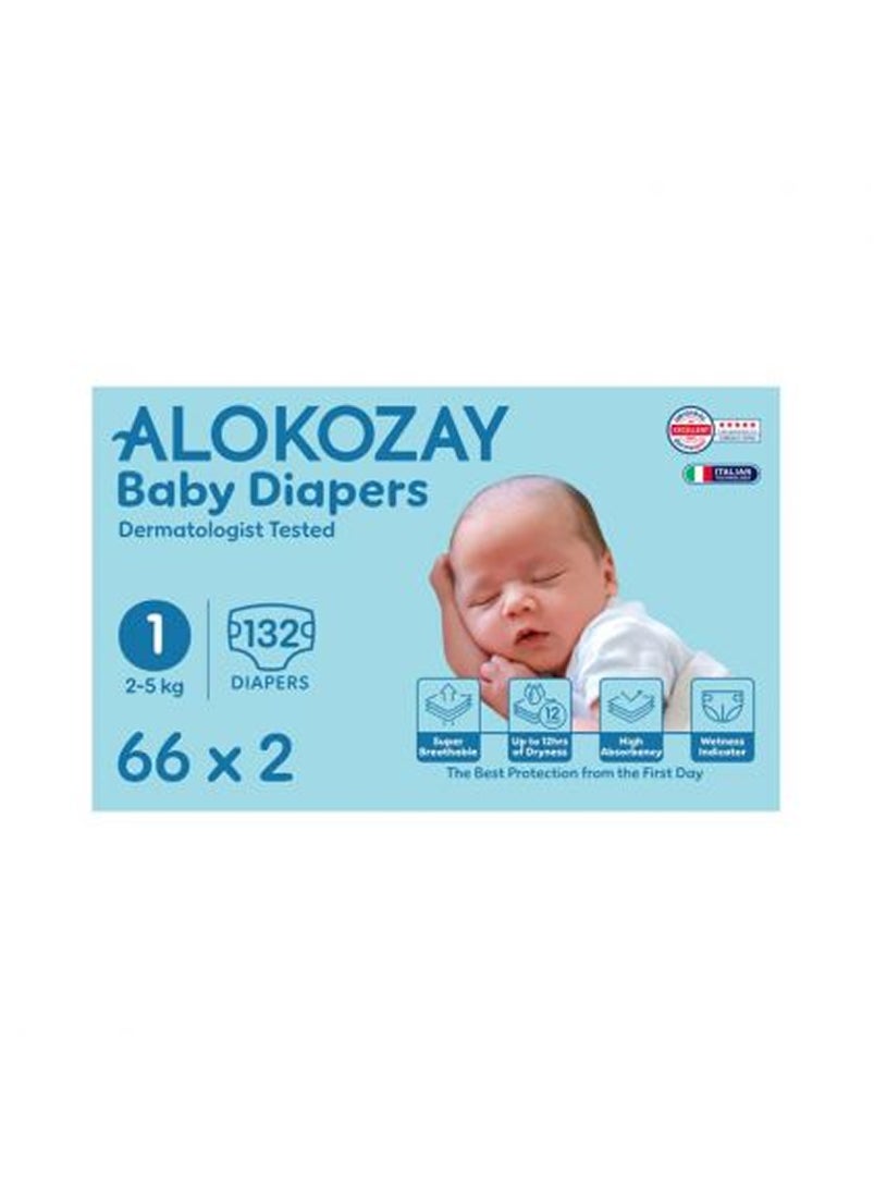Alokozay Premium Baby Diapers - Size 1 2-5 Kg 2 x 66 Diapers  - Image 1
