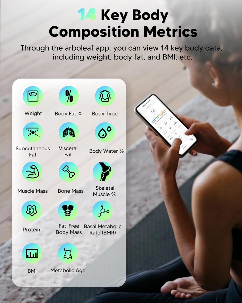 arboleaf ميزان ذكي من أربوليف لوزن الجسم والدهون، ميزان حمام رقمي بلوتوث، محلل تركيب الجسم مع تطبيق، 14 مقياس تشمل مؤشر كتلة الجسم، سعة 400 رطل (أسود) - Image 2