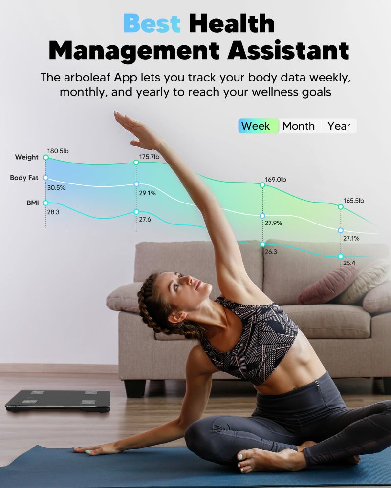 arboleaf ميزان ذكي من أربوليف لوزن الجسم والدهون، ميزان حمام رقمي بلوتوث، محلل تركيب الجسم مع تطبيق، 14 مقياس تشمل مؤشر كتلة الجسم، سعة 400 رطل (أسود) - Image 3