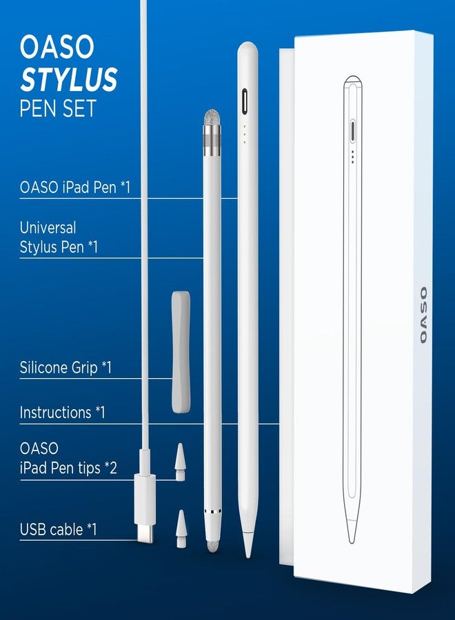 OASO Stylus Pen Set, Tilt and Palm Recognition Stylus Compatible with Apple iPad 2018-2025 + Universal Stylus Pen for All Touch Screens/Pencil Grip/2x Replacement Tips - Image 3