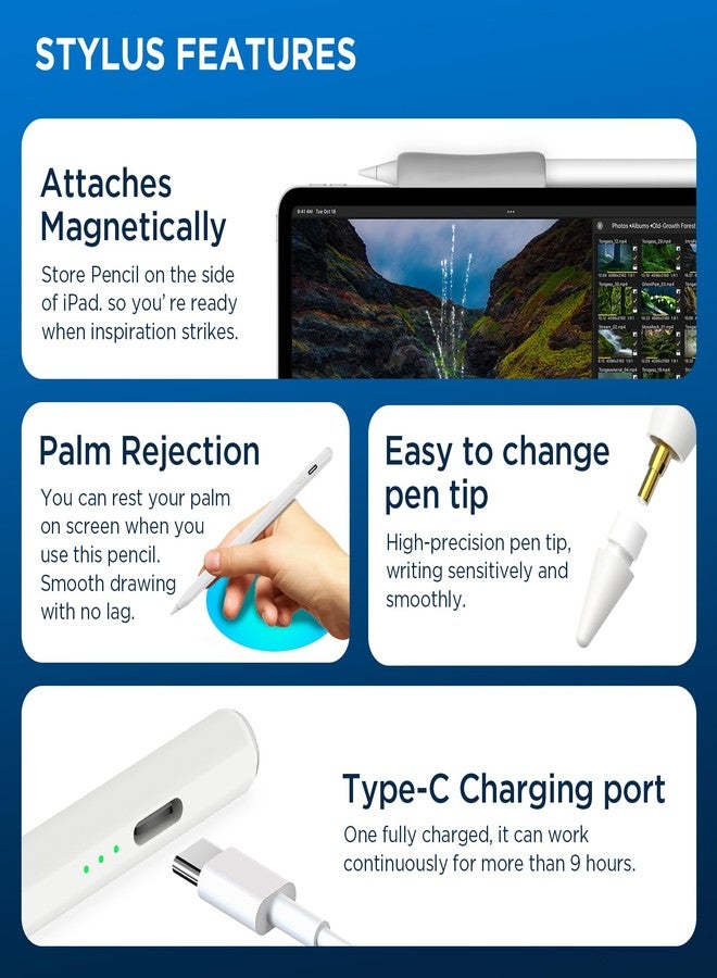 OASO Stylus Pen Set, Tilt and Palm Recognition Stylus Compatible with Apple iPad 2018-2025 + Universal Stylus Pen for All Touch Screens/Pencil Grip/2x Replacement Tips - Image 5