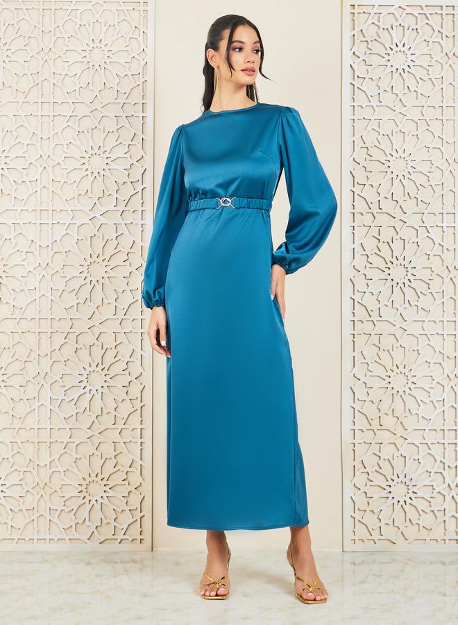 ستايلي فستان ميدي ساتان بحزام - Image 1