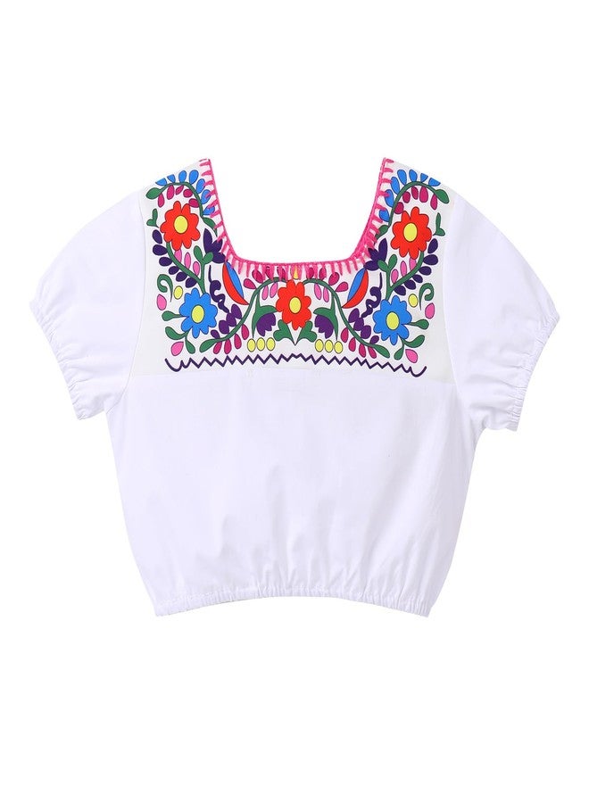 OBEEII Mexican Dress for Girls, Infant Baby Toddler Cinco De Mayo Fiesta Short Sleeve Floral Top Romper Skirt Headband Mexican Baby Clothes Clothes 3pcs Set Blue 12-18 Months - Image 3