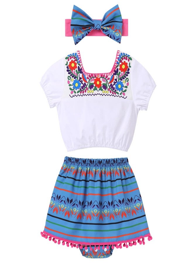 OBEEII Mexican Dress for Girls, Infant Baby Toddler Cinco De Mayo Fiesta Short Sleeve Floral Top Romper Skirt Headband Mexican Baby Clothes Clothes 3pcs Set Blue 12-18 Months - Image 1
