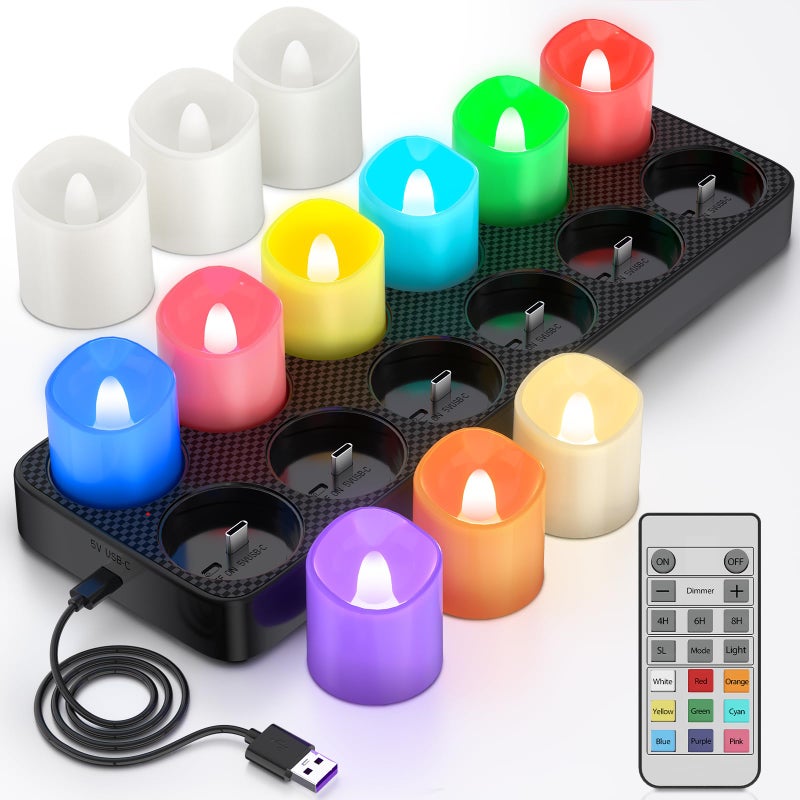 PChero Rechargeable Flameless Candles with Remote Timer Charging Base 12 Pack 9 Color Changing Tea Lights Battery Operated LED Votive Candles for Halloween Pumpkin Christmas Party Home Decor - Image 2