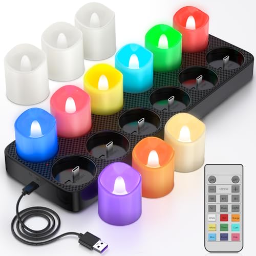 PChero Rechargeable Flameless Candles with Remote Timer Charging Base 12 Pack 9 Color Changing Tea Lights Battery Operated LED Votive Candles for Halloween Pumpkin Christmas Party Home Decor - Image 1