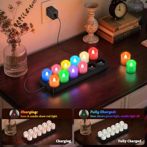 PChero Rechargeable Flameless Candles with Remote Timer Charging Base 12 Pack 9 Color Changing Tea Lights Battery Operated LED Votive Candles for Halloween Pumpkin Christmas Party Home Decor - Image 3