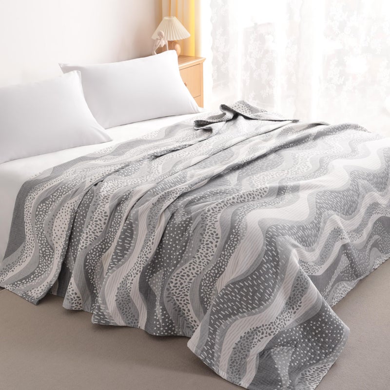 NTBAY 3 Layers Cotton Muslin 106x92 King Bed Blanket, Super Soft Breathable Thermal Yarn Dyed Quilt for Adults, Perfect Lightweight Blanket for Couch Sofa Bed All Seasons, Grey Wheat Waves - Image 3