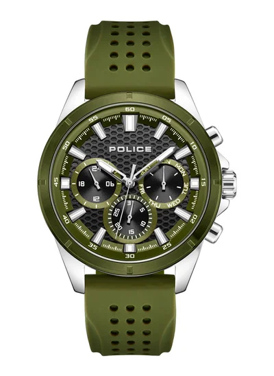 بوليس Men's Motion 45mm Multifunction Watch with Olive Green Dial, Honeycomb Texture, IP Olive Topring & Silicone Strap