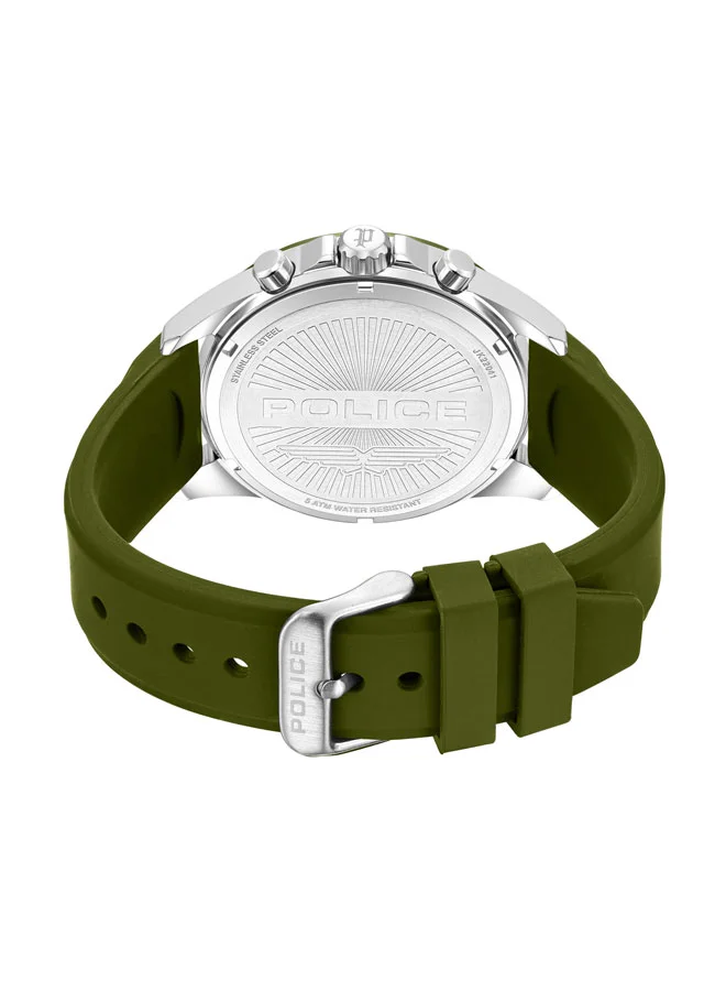 POLICE Men's Motion 45mm Multifunction Watch with Olive Green Dial, Honeycomb Texture, IP Olive Topring & Silicone Strap