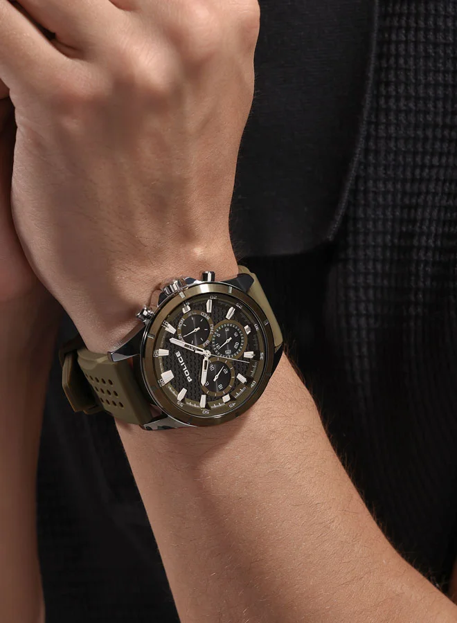 POLICE Men's Motion 45mm Multifunction Watch with Olive Green Dial, Honeycomb Texture, IP Olive Topring & Silicone Strap