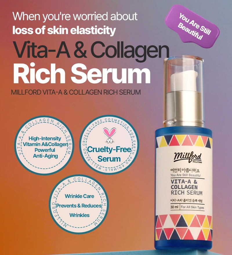 Millford Vita A Collagen Rich Serum 30ml 1FL Oz FishMarine Collagen Face Cream Anti Aging Facial Moisturizer Wrinkes Fine Lines Retinyl Palmitate Korean Skincare - Image 3