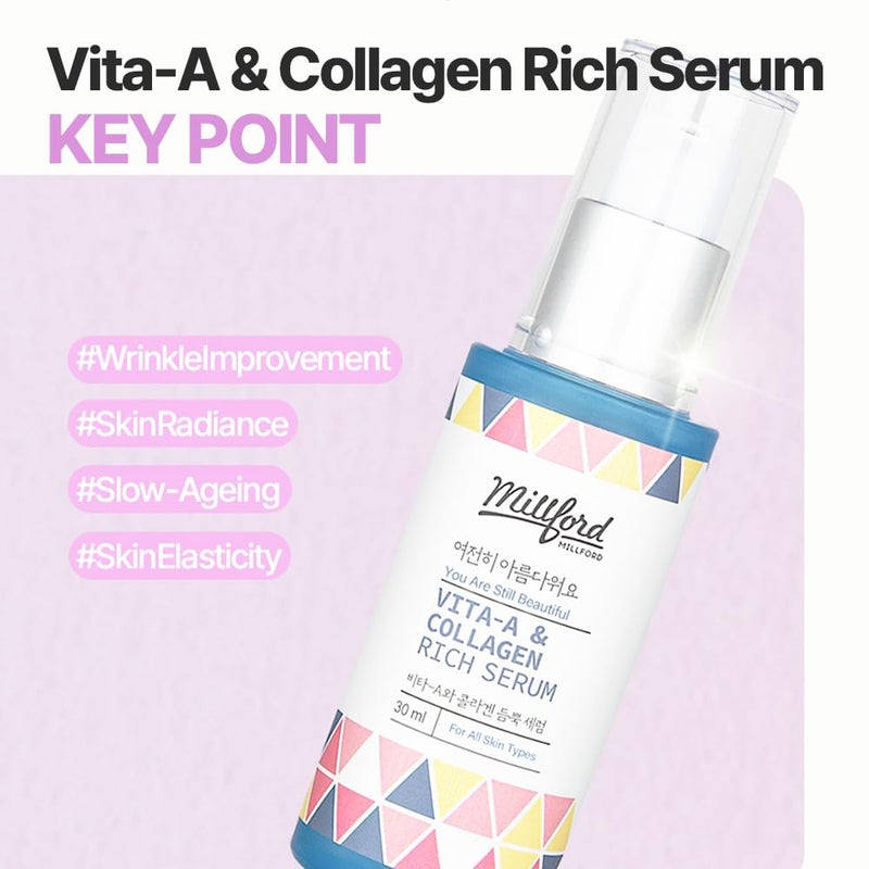 Millford Vita A Collagen Rich Serum 30ml 1FL Oz FishMarine Collagen Face Cream Anti Aging Facial Moisturizer Wrinkes Fine Lines Retinyl Palmitate Korean Skincare - Image 4