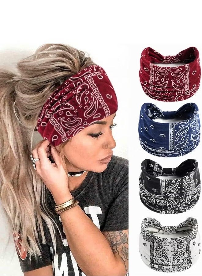 4Pcs Wide Knotted Stretch Boho Headbands, Non-Slip Head Turban, Yoga Sports Hair Accessories for Women Girls - Image 1