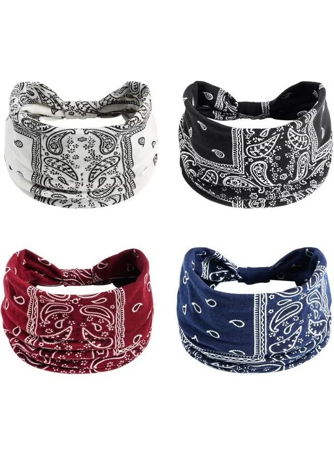 4Pcs Wide Knotted Stretch Boho Headbands, Non-Slip Head Turban, Yoga Sports Hair Accessories for Women Girls - Image 2