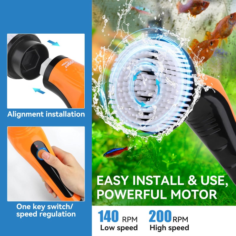 hygger IPX8 Electric Aquarium Cleaning Brushes, Rechargeable Cleaner Tools Kit with 6 Replaceable Clean Spin Brush Heads Cordless Use 2 Speeds Adjustable Handle for Dog House Outdoor/Cat Litter Boxes - Image 5
