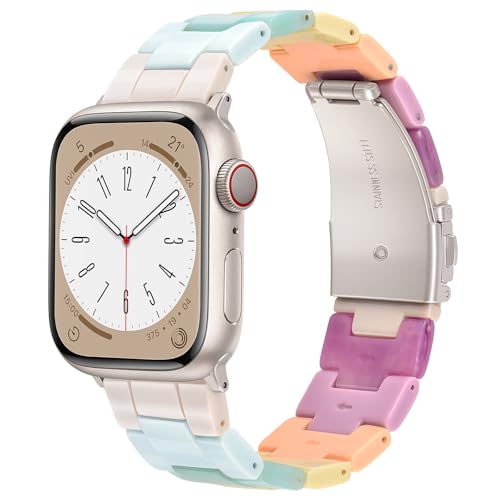 V-MORO Resin Bands Compatible with Apple Watch Series 11/10/9/8/7 Band 45mm 46mm Starlight Buckle Lightweight Fashion Strap Bracelet for iwatch Series SE/6/5/4/3/2/1(Bonbon Rainbow,42/44/45/46/49mm) - Image 1