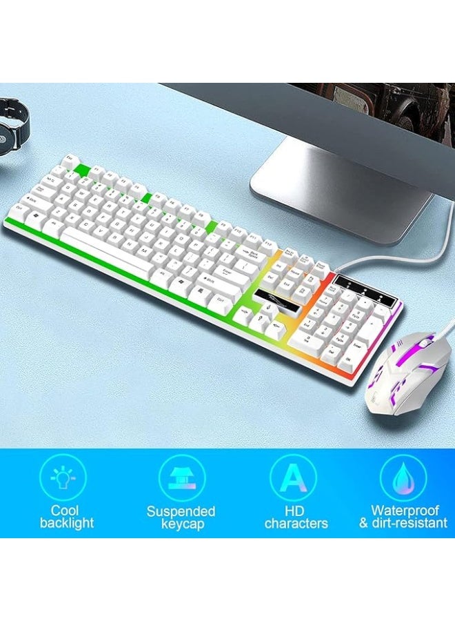 مجموعة لوحة مفاتيح وماوس ألعاب بيضاء، سلكية USB مع إضاءة LED متعددة الألوان، ملمس ميكانيكي لأجهزة الكمبيوتر التي تعمل بنظام Windows - Image 3