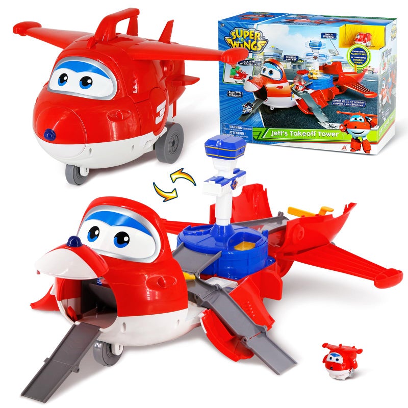 SUPER WINGS برج انطلاق جيت سوبر وينغز 2 في 1 مجموعة ألعاب الطائرات مع شخصية جيت الصغيرة بطول 2 إنش، ألعاب للأطفال في مرحلة ما قبل المدرسة، هدايا للأولاد والبنات من عمر 3 سنوات فما فوق، ألعاب تعليمية - Image 1