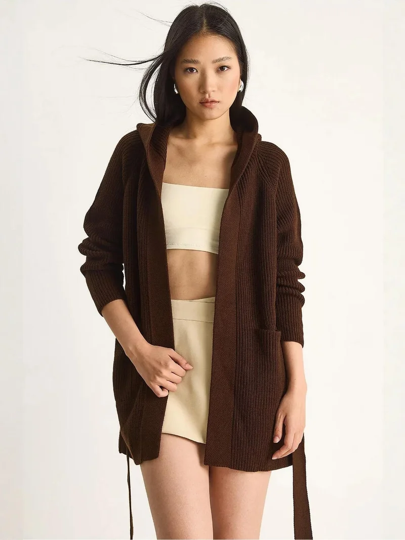 Bianco Lucci LUCCI Hooded Cardigan with Tie Closure
