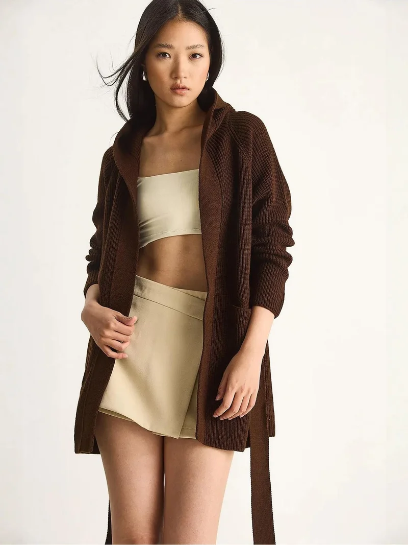 Bianco Lucci LUCCI Hooded Cardigan with Tie Closure