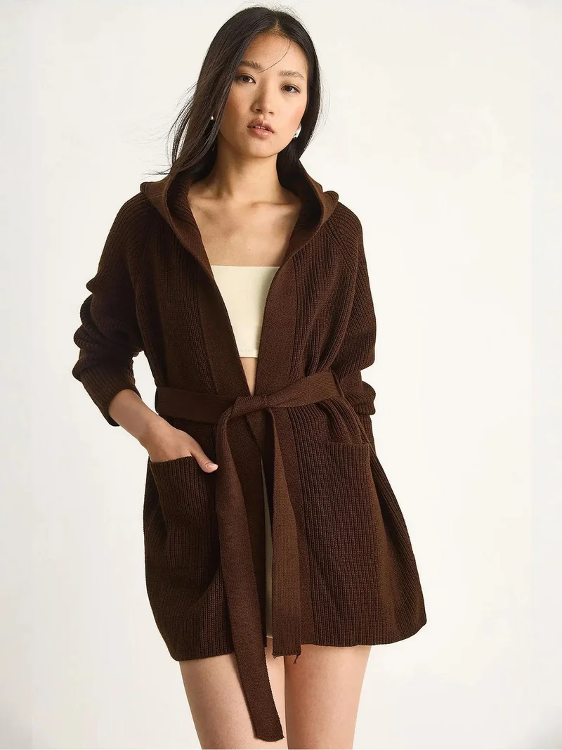 Bianco Lucci LUCCI Hooded Cardigan with Tie Closure