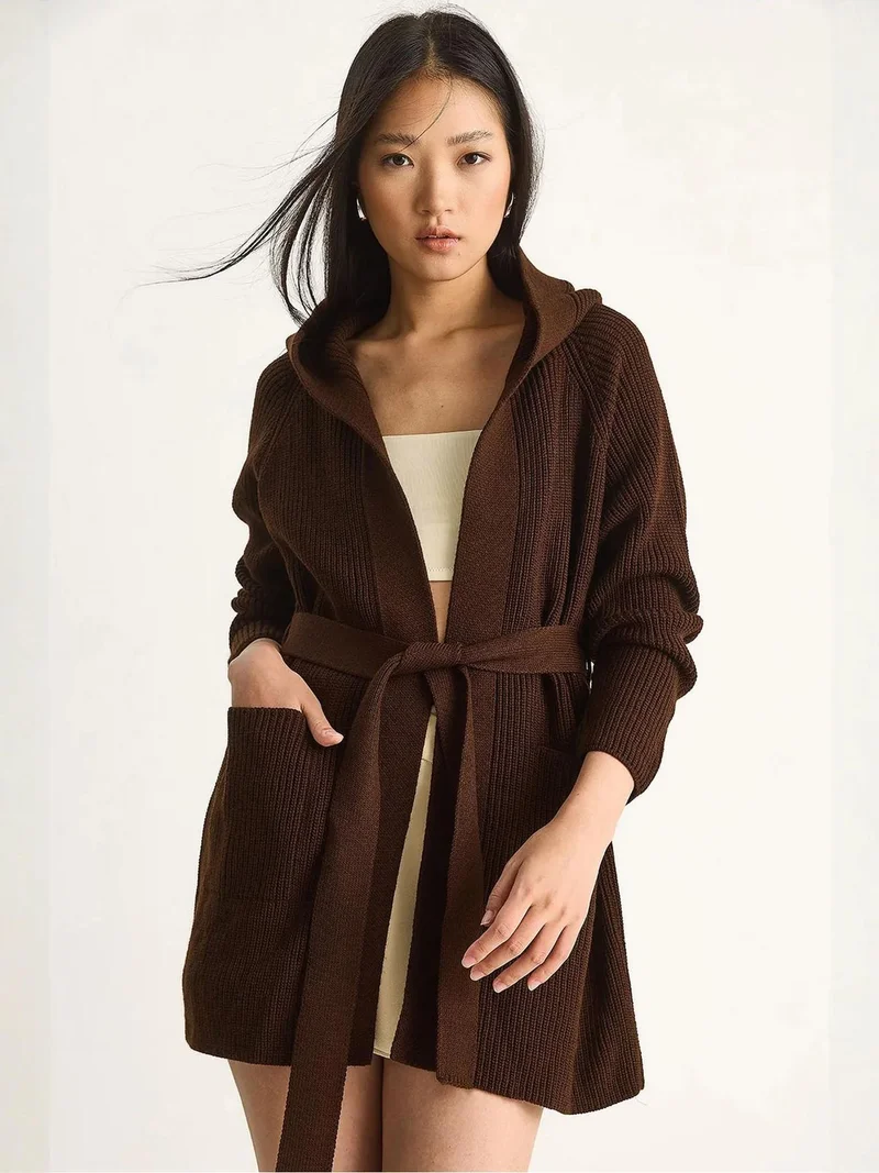 Bianco Lucci LUCCI Hooded Cardigan with Tie Closure