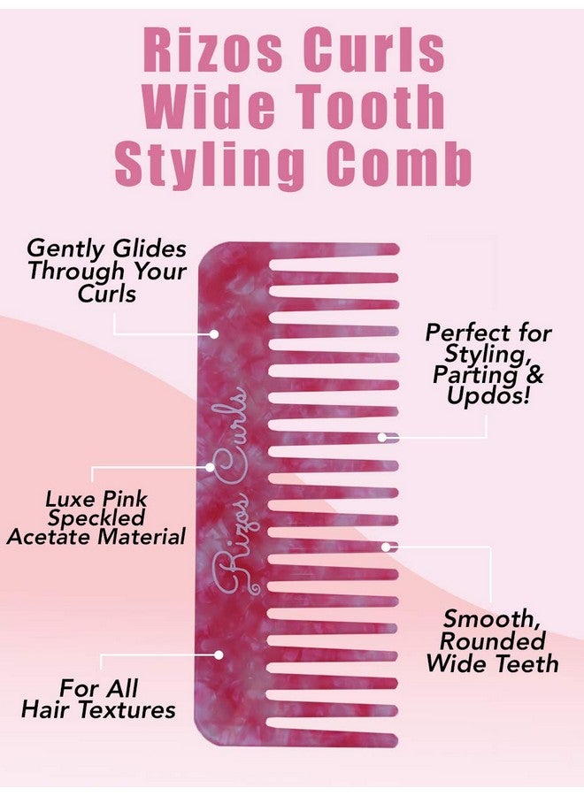 Rizos Curls Pink Wide Tooth Styling Comb. For All Hair Types. Luxe Pink Speckled Acetate Material. - Image 3