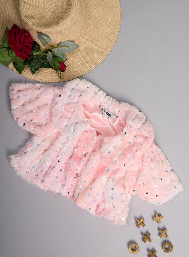 Stylo Bug Embellished Faux Fur Design Collared Shrug - Image 1