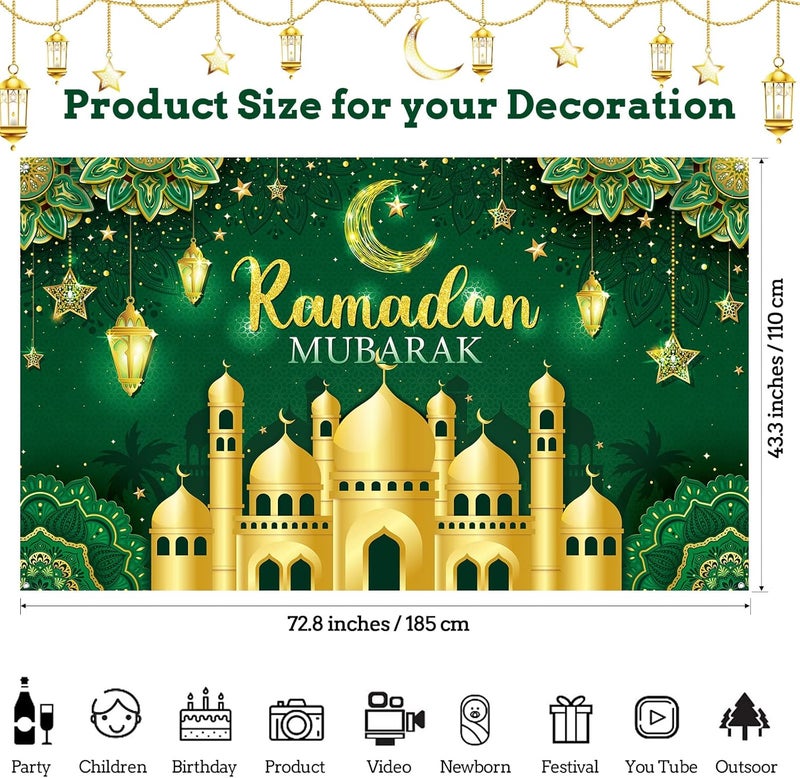 Boyiee Ramadan Mubarak Decorations Backdrop Banner Muslim Ramadan Kareem Background Eid Mubarak Sign Photo Booth Backdrop Background for Home Muslim Eid Al Fitr Party Supplies(Green) - Image 2