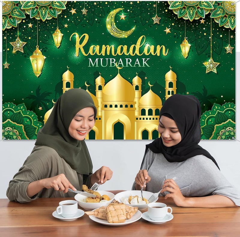 Boyiee Ramadan Mubarak Decorations Backdrop Banner Muslim Ramadan Kareem Background Eid Mubarak Sign Photo Booth Backdrop Background for Home Muslim Eid Al Fitr Party Supplies(Green) - Image 5
