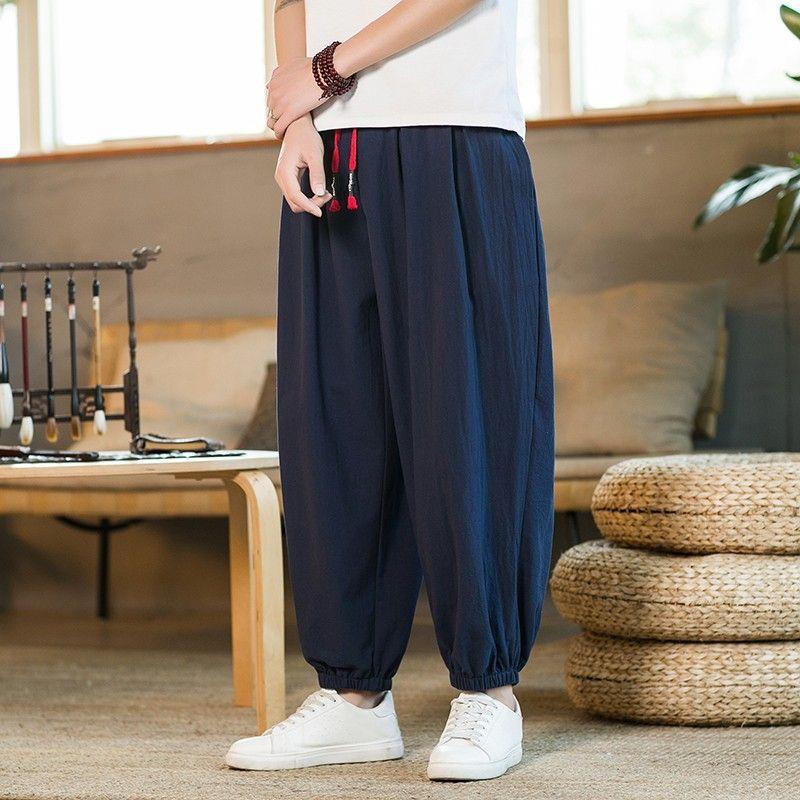 Cotton and Linen Wide-leg Pants Mens Summer Thin Leg Harlan Pants Chinese Style Fat Man Loose plus size Cropped Bloomers Navy blue  - Image 1