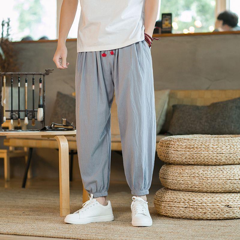 Cotton and Linen Wide-leg Pants Mens Summer Thin Leg Harlan Pants Chinese Style Fat Man Loose plus size Cropped Bloomers Navy blue  - Image 2