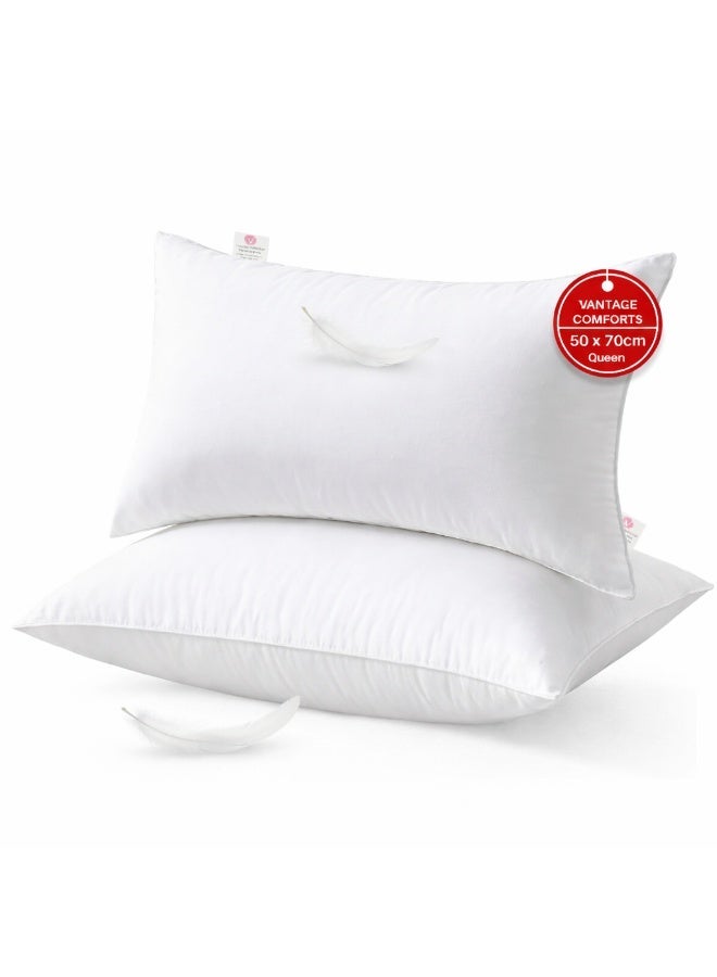 VANTAGE COMFORTS Goose Feather Down Pillow Queen Size 50 x 70cm| 90% Goose Feather + 10% Goose Down | Soft Backrest Pillow | Hotel Luxury Sleeping Pillow | Natural Cotton Down-Proof Cushion for All - Image 1