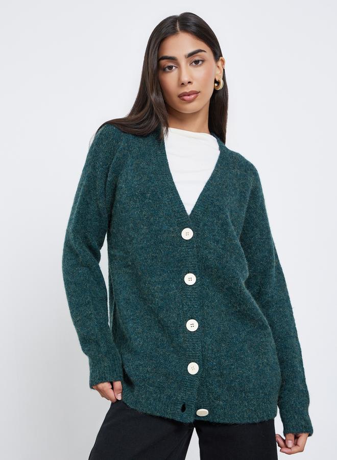 Styli Dark Green Oversized Longline V Neck Cardigan - Image 3