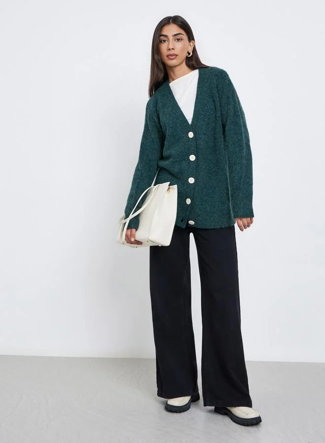 Styli Dark Green Oversized Longline V Neck Cardigan