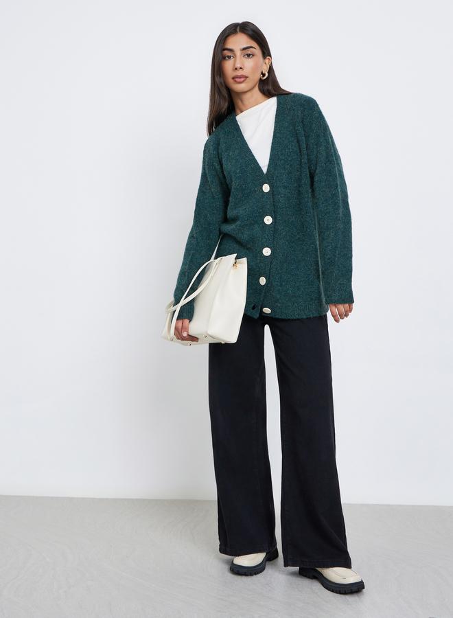 Styli Dark Green Oversized Longline V Neck Cardigan - Image 2