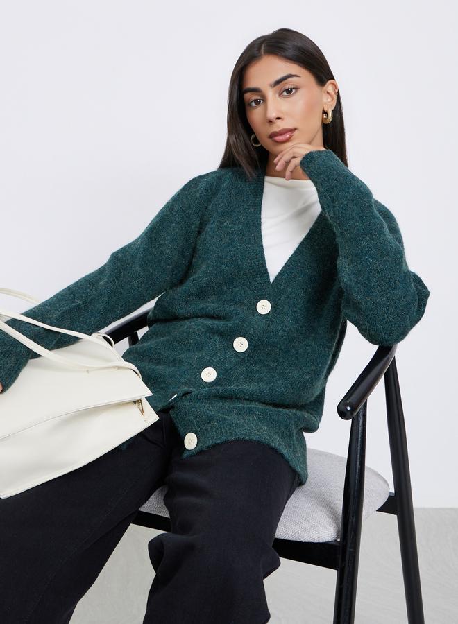 Styli Dark Green Oversized Longline V Neck Cardigan - Image 1