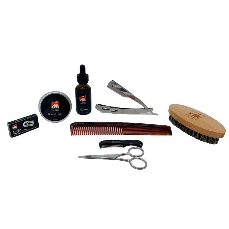 مجموعة العناية باللحية من G.B.S تشمل زيت اللحية، بلسم اللحية، فرشاة شعر خنزير بطول 3 إنش، مشط تصفيف بطول 7 إنش، ماكينة حلاقة بطول 5 إنش و 10 شفرات، مشط شارب بطول 3 إنش، مقص تقليم، عبوة من 8 قطع