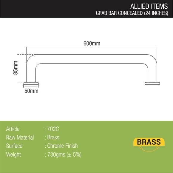 Lipka Full Brass Grab Bar Bathroom Concealed Home Assist Safety Helping Handle (24 Inches) - Image 2