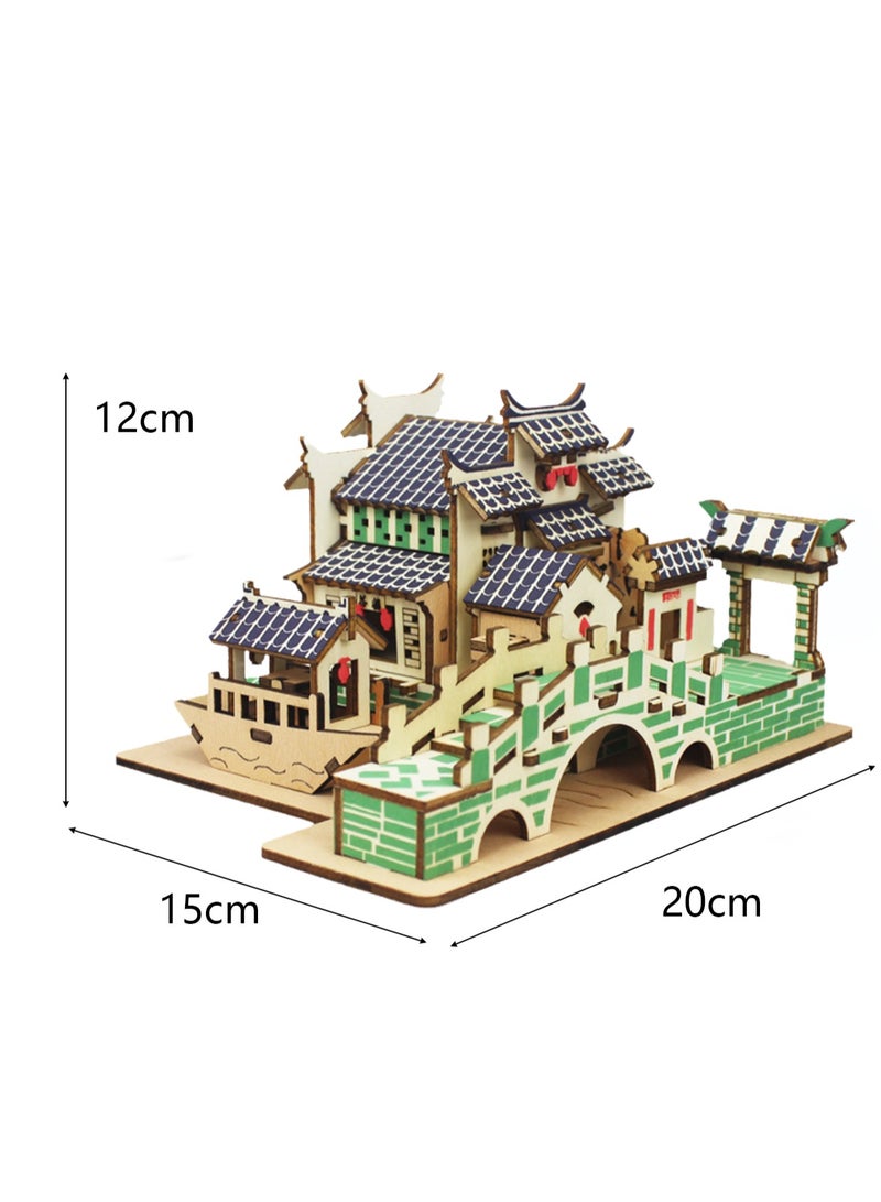 Children's Educational Assembly Toys Wooden 3D Puzzle Children's Jiangnan Water Village - Image 2