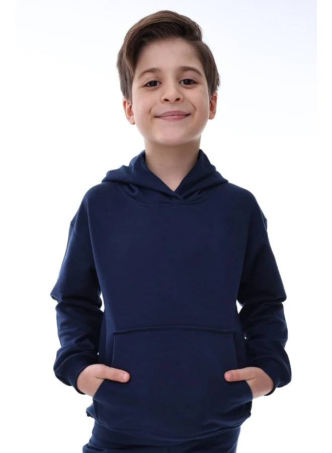 zuzunga Basic Hooded, Sherpa-Lined Kangaroo Pocket Detailed Kids Sweatshirt 3-10 Years Navy Blue.